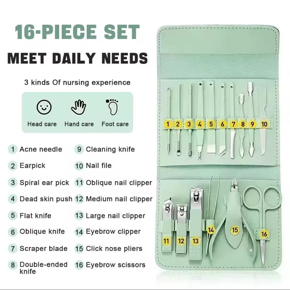 16PCS Nail Cutter Set  | Stainless Steel Manicure Kit  | Nail Clippers & Beauty Tools with Travel Case